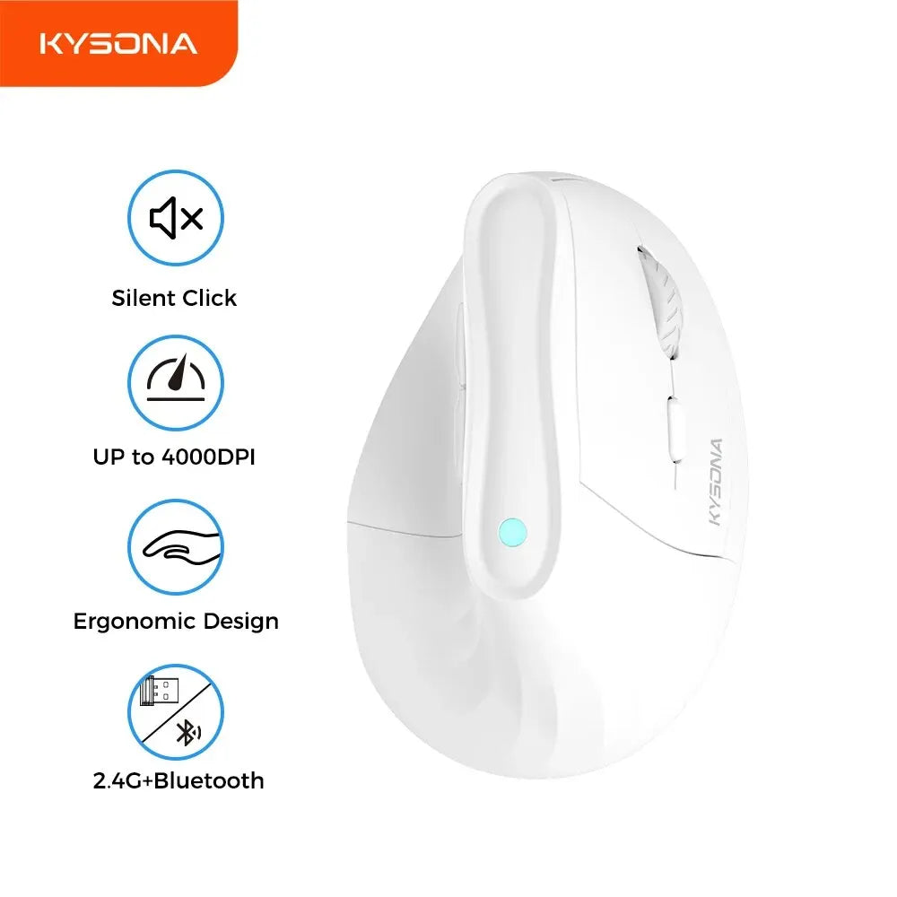 White ergonomic computer mouse with KYSONIA branding and feature icons on a white background