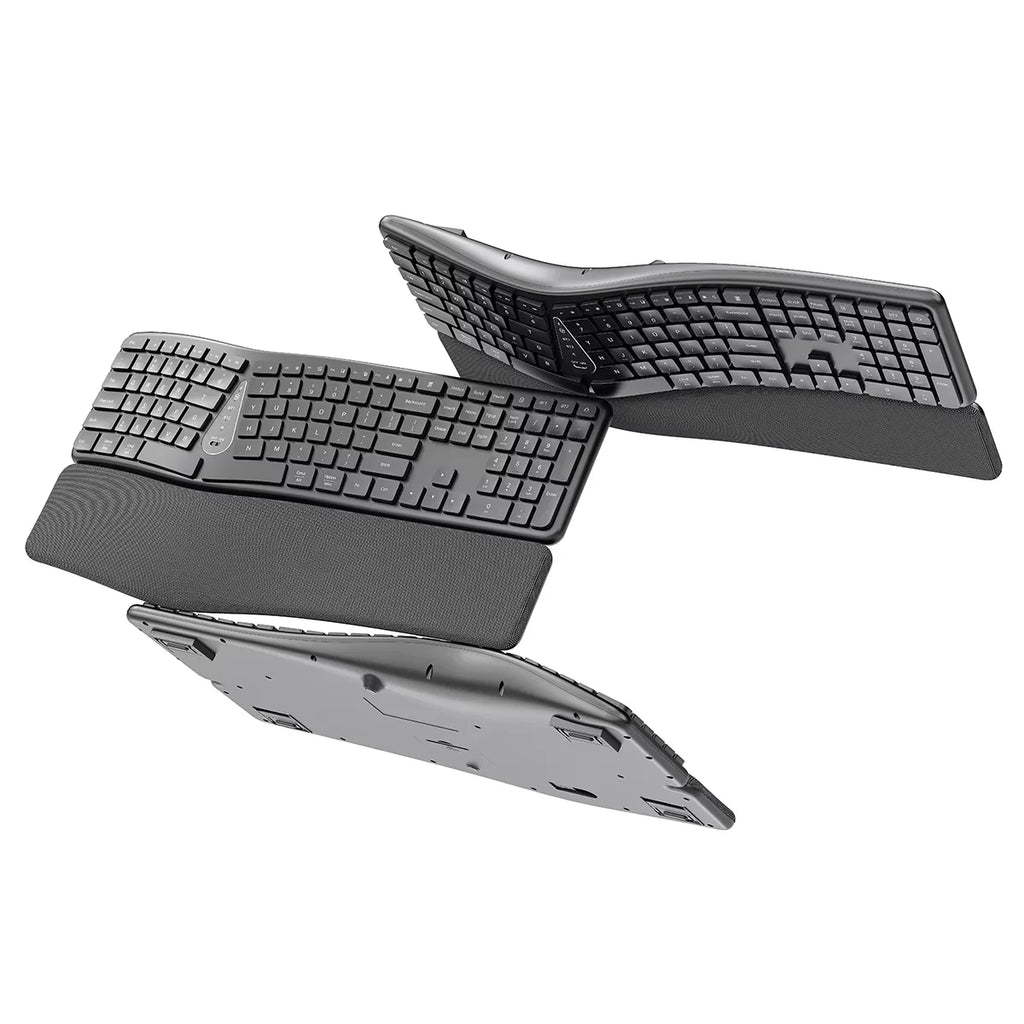 Ergonomic split keyboard exploded view showing curved design, integrated palm rest, and rechargeable battery compartment