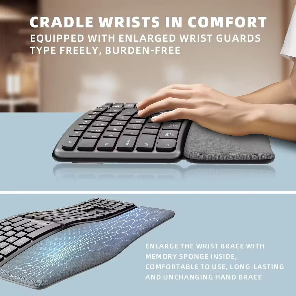 Ergonomic split keyboard with enlarged wrist guards and memory foam palm rest for comfortable, burden-free typing