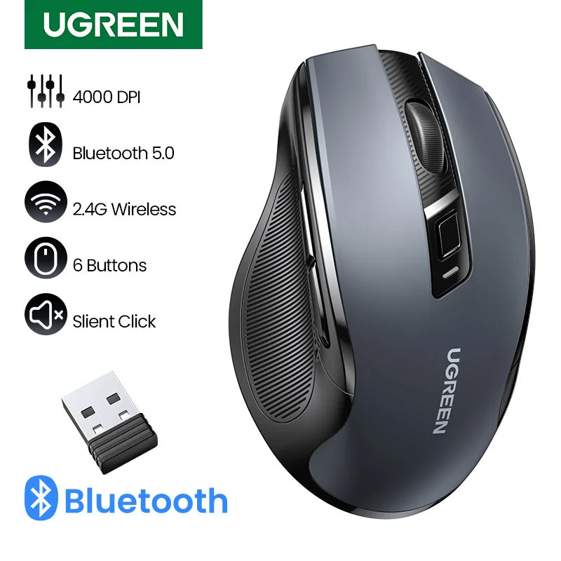 UGREEN wireless mouse with features listed including 4000 DPI, Bluetooth 5.0, 2.4Ghz wireless, 6 buttons and silent click on a white background.