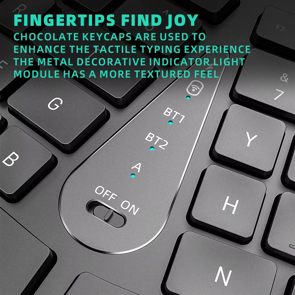 Ergonomic keyboard close-up showing chocolate keycaps with textured feel and metal Bluetooth indicator lights