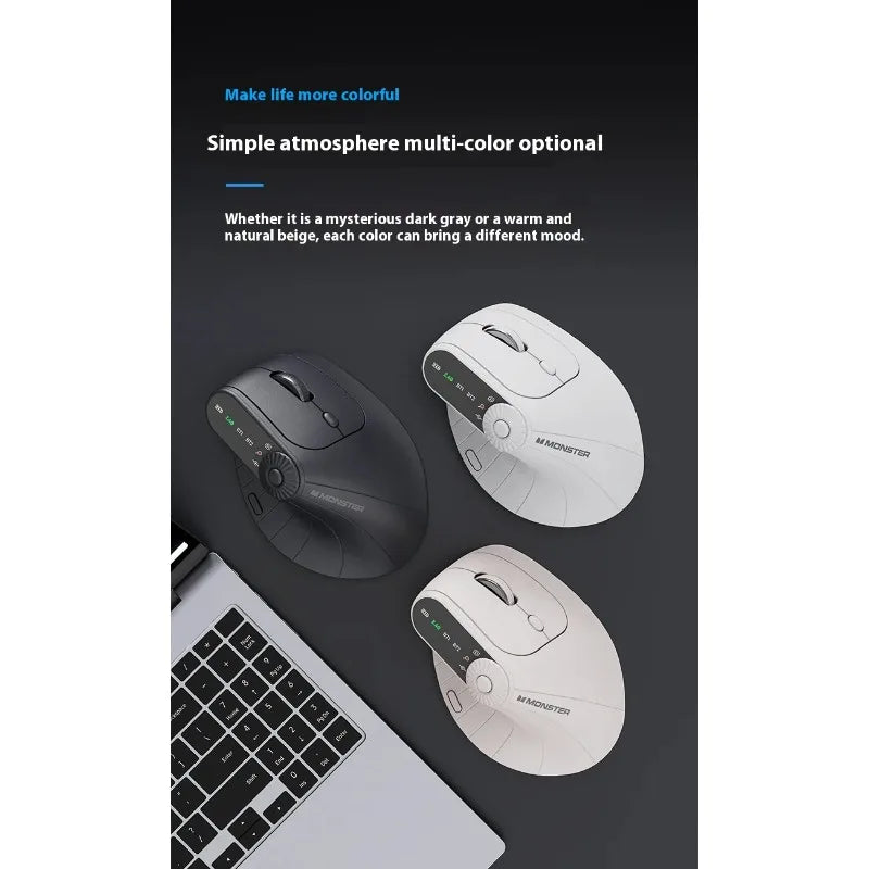 Three wireless computer mice in black, white, and gray on a dark surface with text about color options.