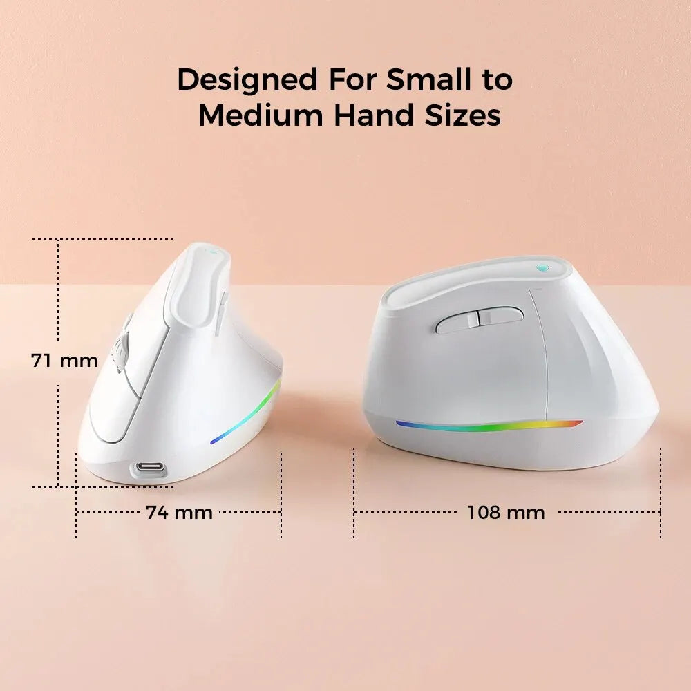 Two ergonomic mice with dimensions on a peach background
