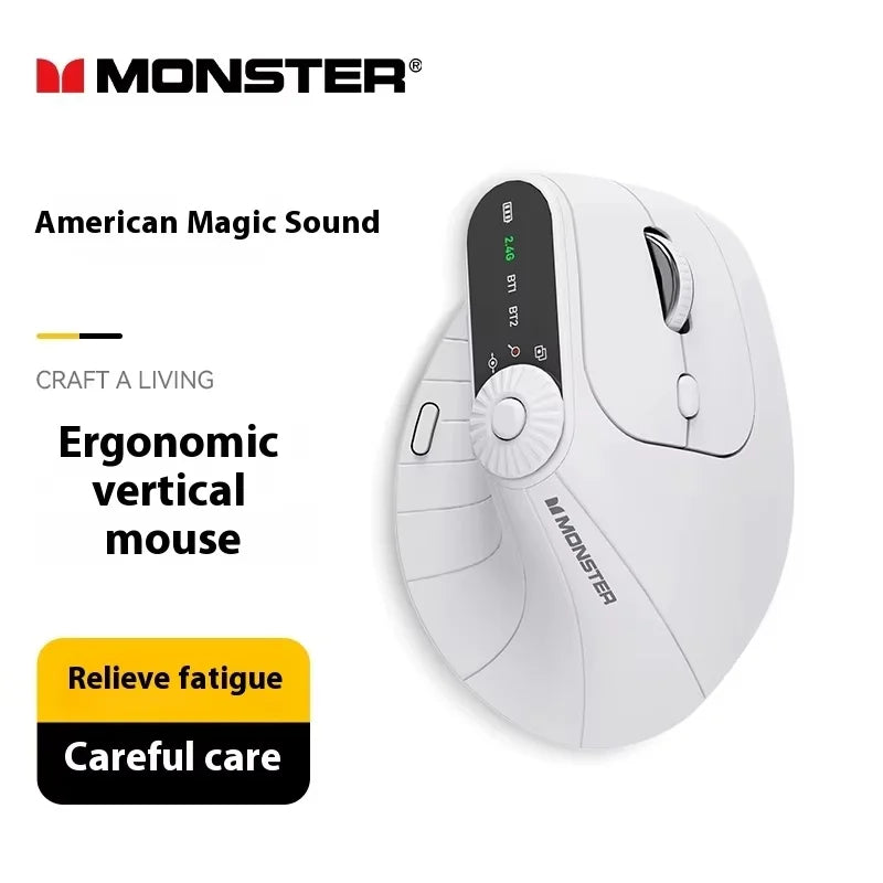 Monster ergonomic vertical mouse with branding and features on a white background