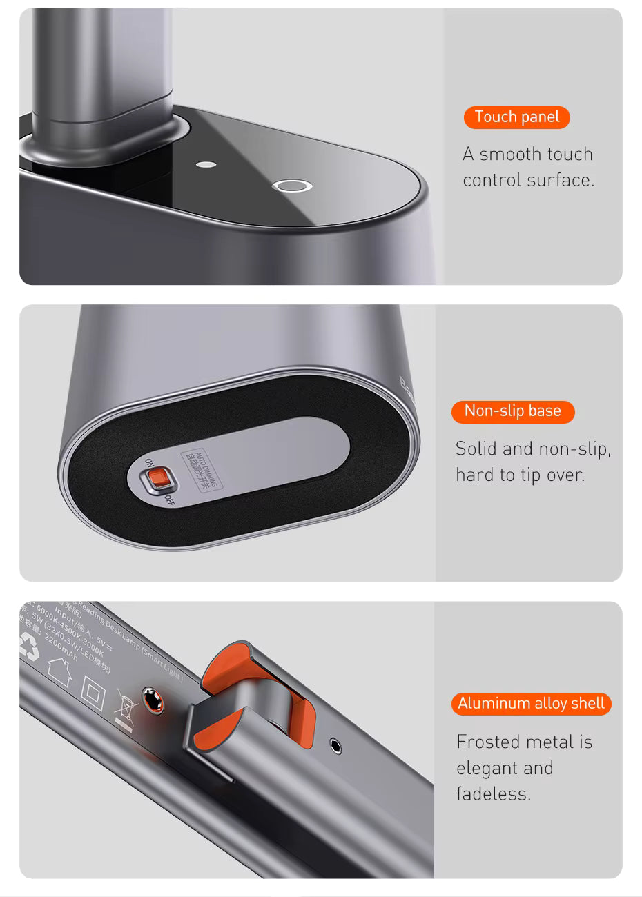 BASEUS Rechargeable LED Desk Lamp – 180° Foldable Task Light with Auto-Dimming Eye Protection for Home Office