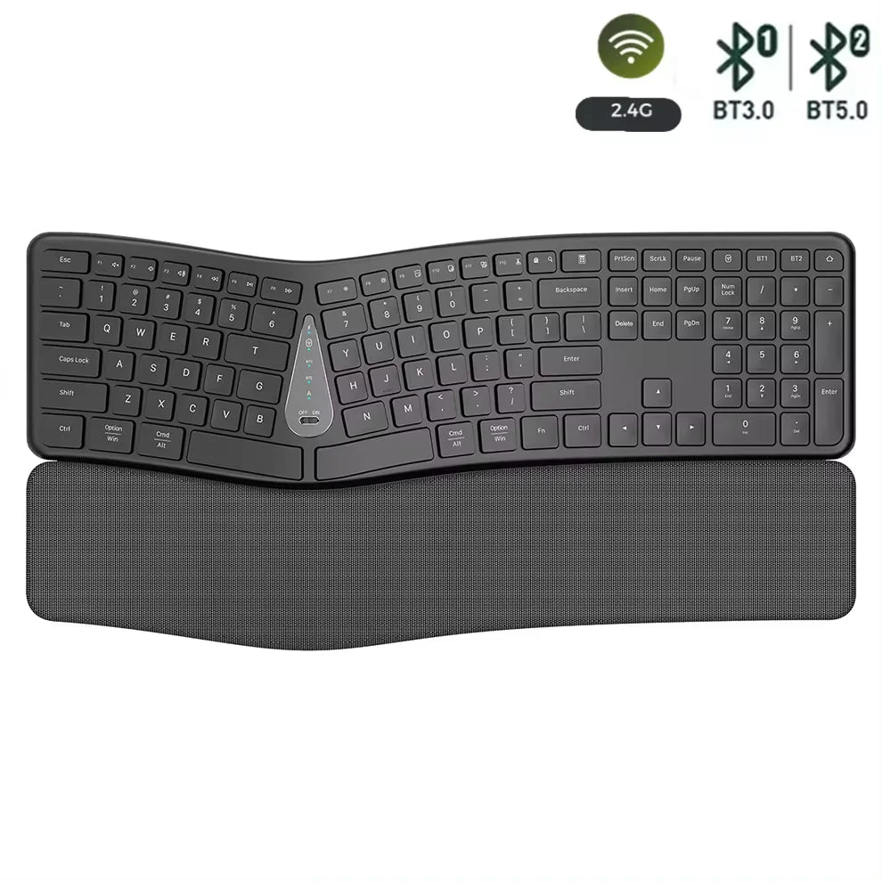 Ergonomic split wireless keyboard with integrated palm rest showing 2.4G and Bluetooth connectivity options