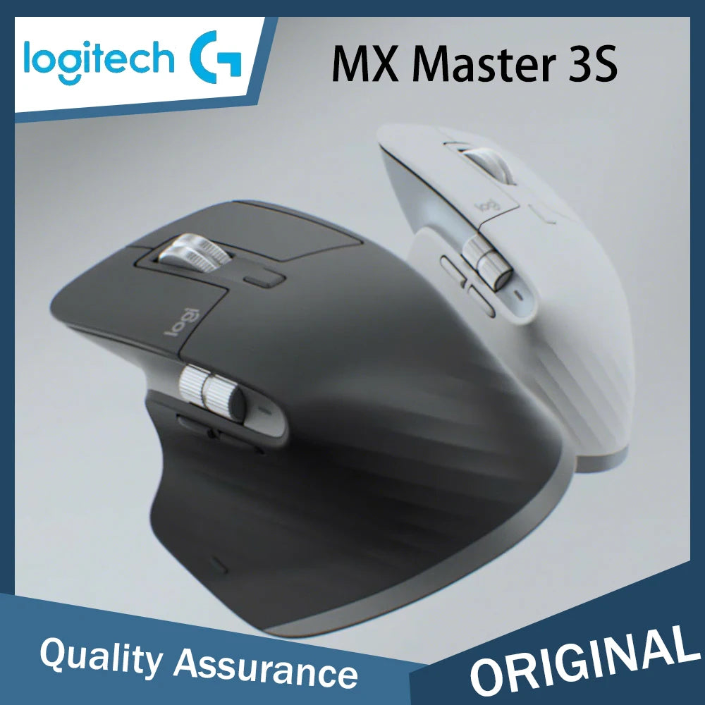 Logitech MX Master 3S mouse on a gray background with Logitech logo.
