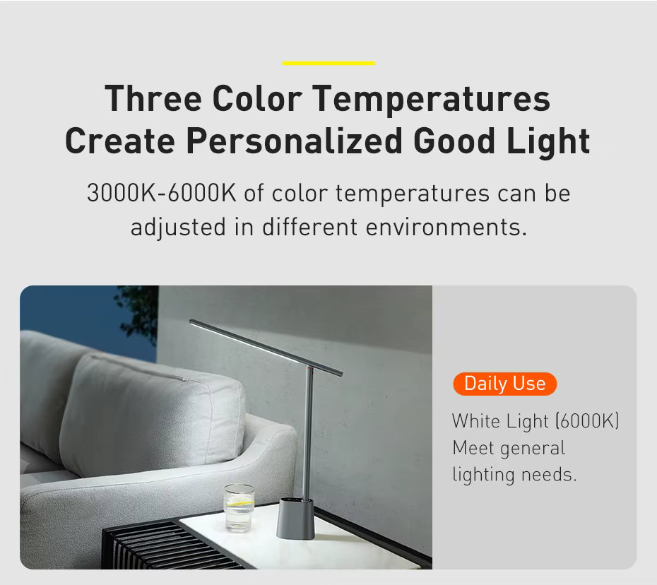 BASEUS Rechargeable LED Desk Lamp – 180° Foldable Task Light with Auto-Dimming Eye Protection for Home Office