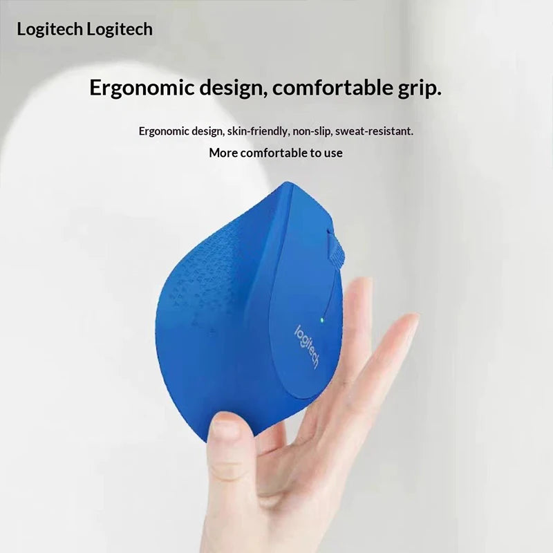 Blue Logitech product held in a hand with text about ergonomic design and comfort.
