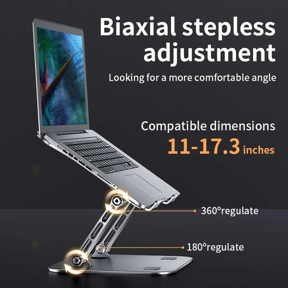 Ergonomic laptop stand with biaxial stepless adjustment featuring 360° horizontal and 180° vertical rotation for 11-17.3 inch devices