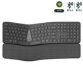 Ergonomic split wireless keyboard with integrated palm rest showing 2.4G and Bluetooth connectivity options