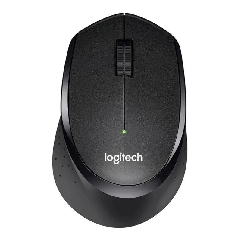 Black Logitech mouse on a white background