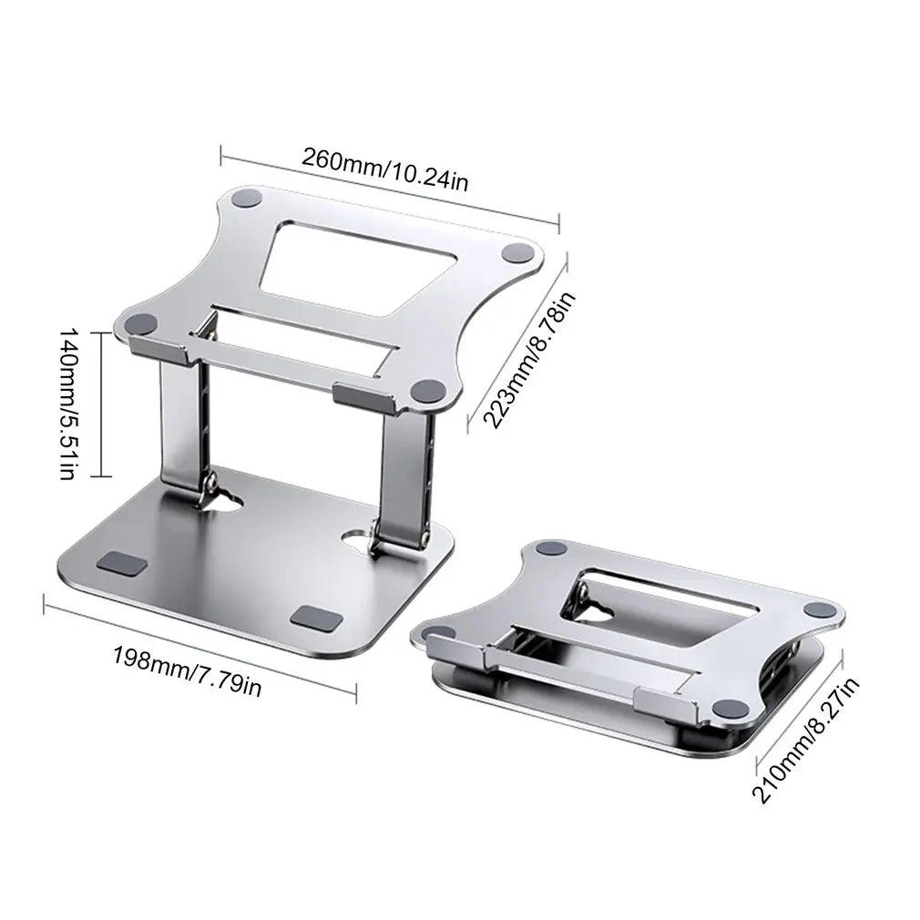 Ergonomic foldable laptop stand showing dimensions in assembled and compact folded positions