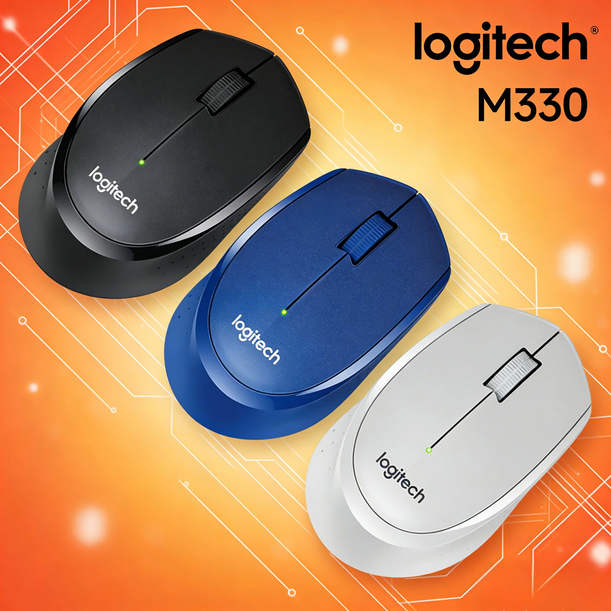 Three Logitech M330 wireless mice in black, blue, and white on an orange background with 'logitech' branding.