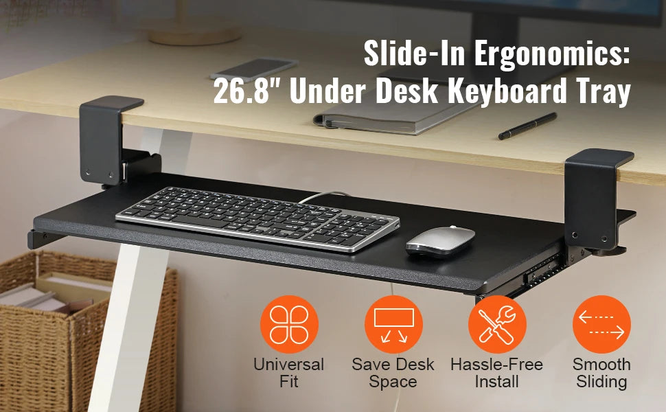 VEVOR 26.8in Under Desk Keyboard Tray Slide in/out Ergonomic Universal Keyboard Tray No-Drilling C-Clamps Easy to Install