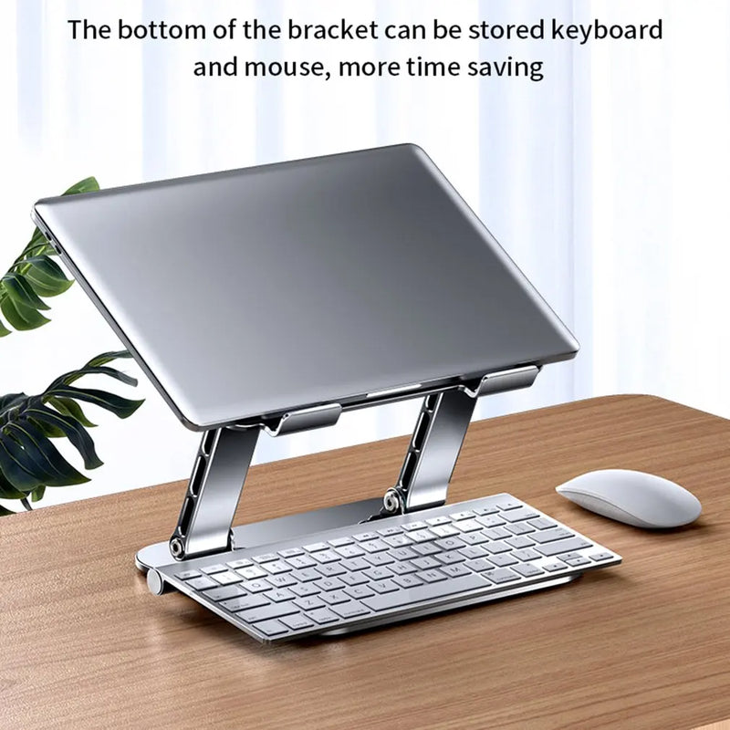 Ergonomic laptop stand with integrated keyboard and mouse storage compartment for space-saving desk organization