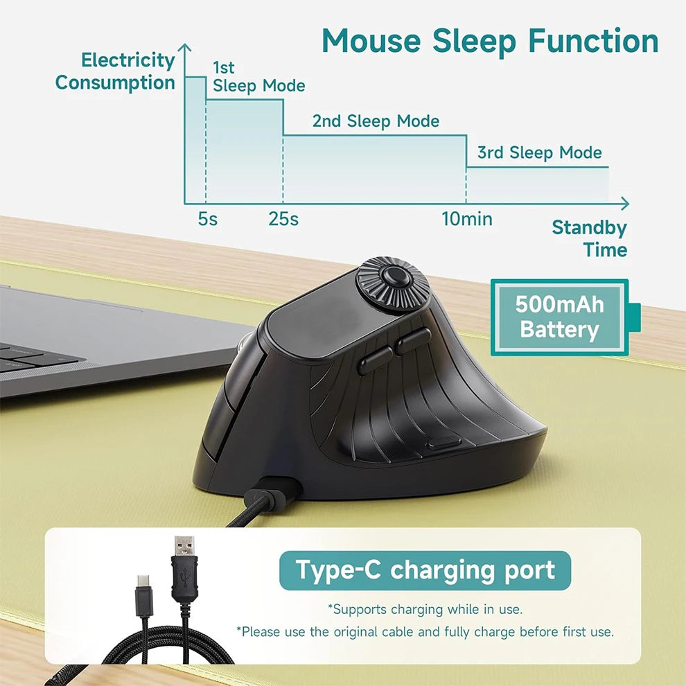 Black ergonomic mouse with charging cable on a desk, showing battery life and charging port information.