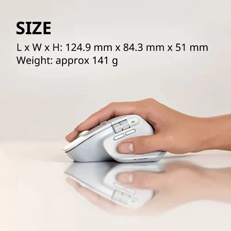 Hand using an ergonomic computer mouse with size and weight information displayed.