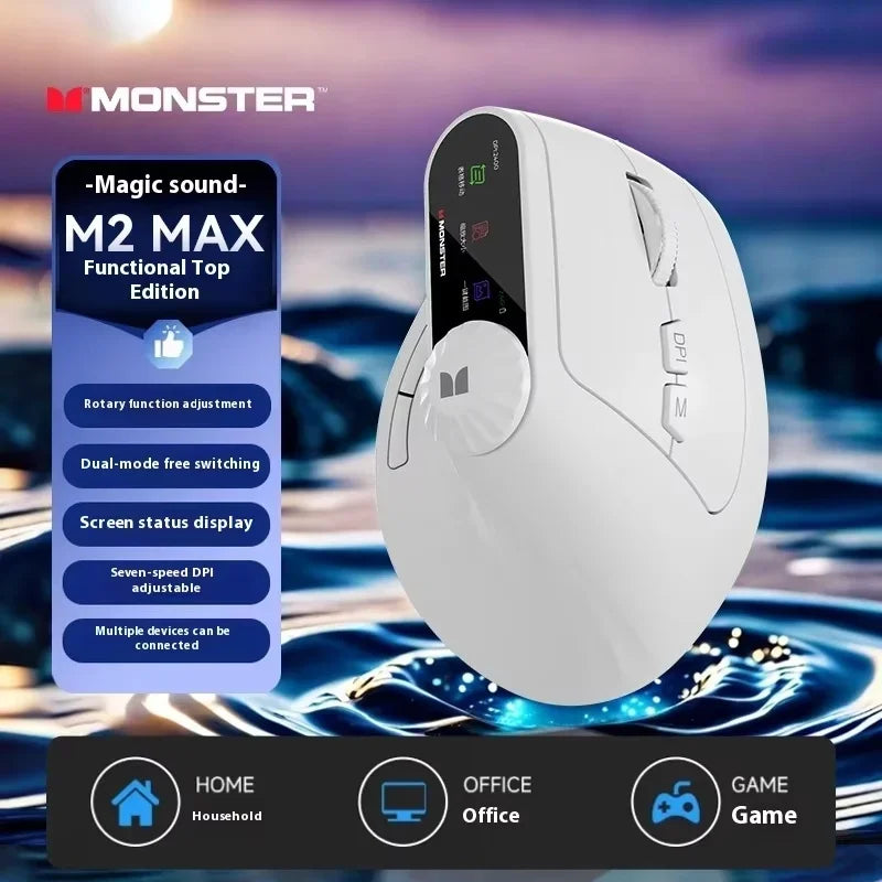Monster M2 MAX mouse with features listed on a scenic background