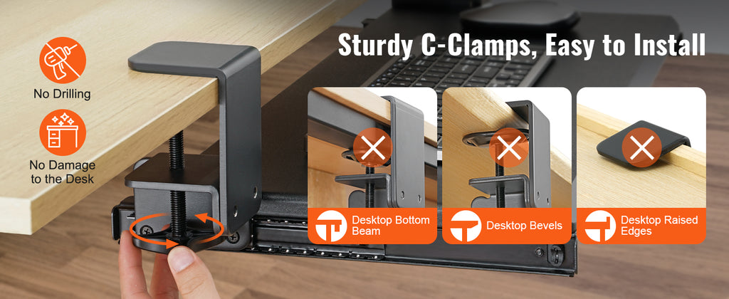 VEVOR 26.8in Under Desk Keyboard Tray Slide in/out Ergonomic Universal Keyboard Tray No-Drilling C-Clamps Easy to Install