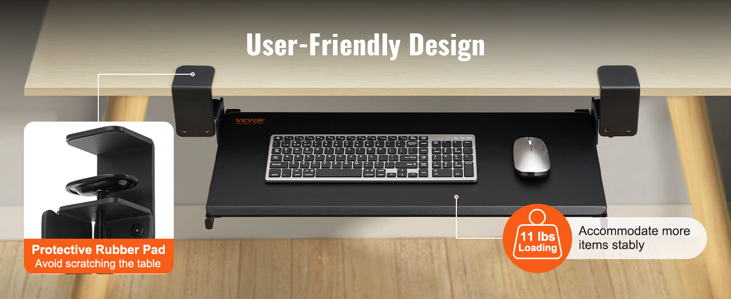 VEVOR 26.8in Under Desk Keyboard Tray Slide in/out Ergonomic Universal Keyboard Tray No-Drilling C-Clamps Easy to Install