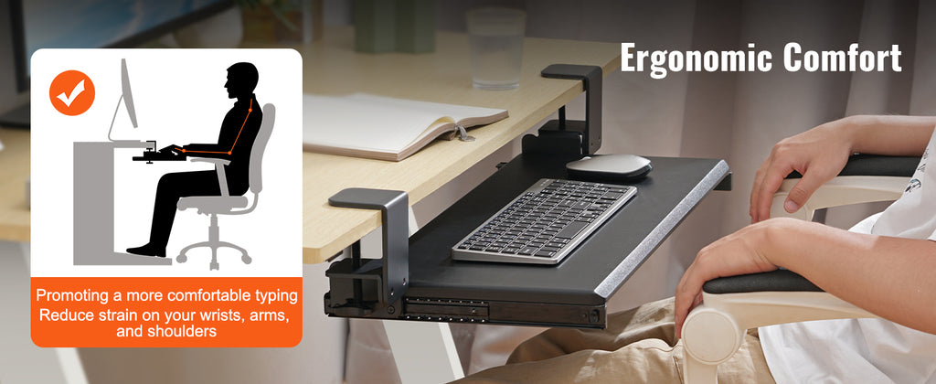 VEVOR 26.8in Under Desk Keyboard Tray Slide in/out Ergonomic Universal Keyboard Tray No-Drilling C-Clamps Easy to Install
