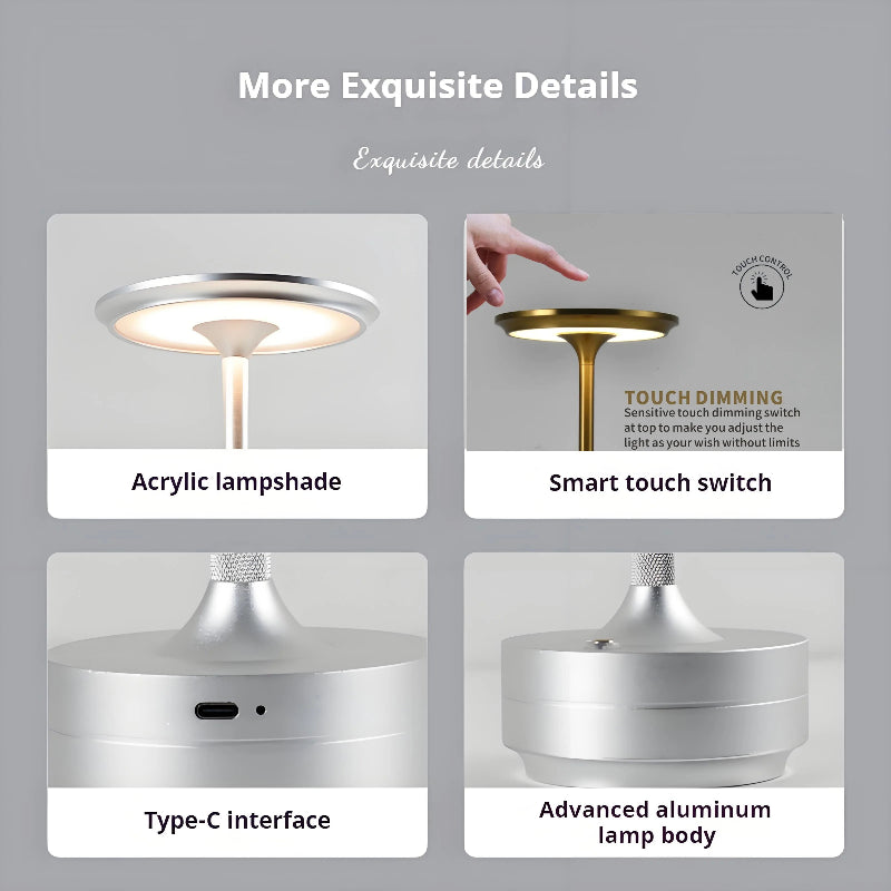 Premium LED desk lamp detail showcase featuring acrylic lampshade, touch dimming control, Type-C charging, and aluminum construction | Alinora