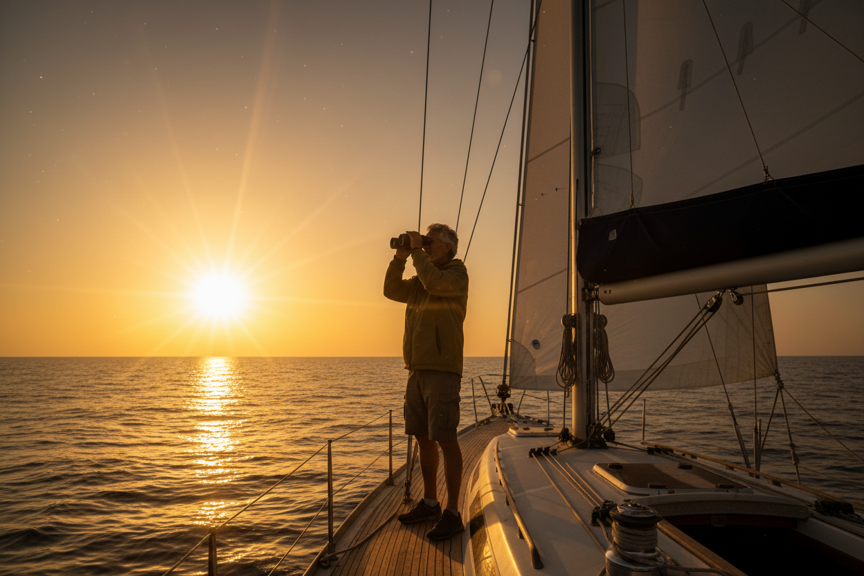 Middle-aged man on sailboat looking forward