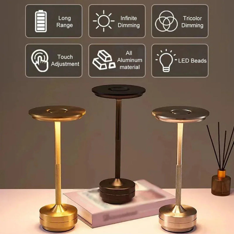 Modern dimmable LED desk lamps in gold, black, and rose gold finishes with touch controls and aluminum construction | Alinora